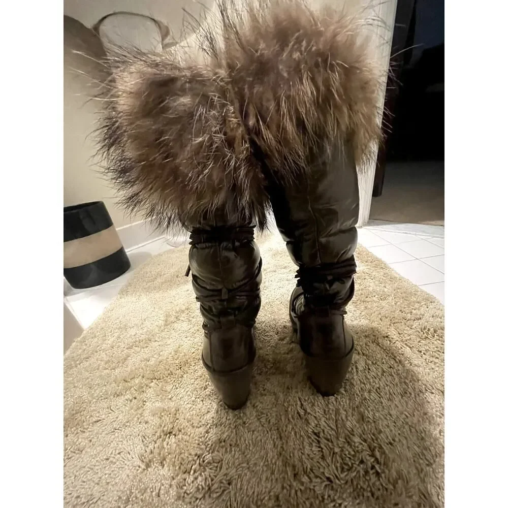 Moncler Nylon Fur Trim Lace-Up Boots - size 6 | US6, IT36 - Mocha Brown Green